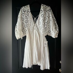 Free People Bella Note White Eyelet Mini Dress, Size Medium